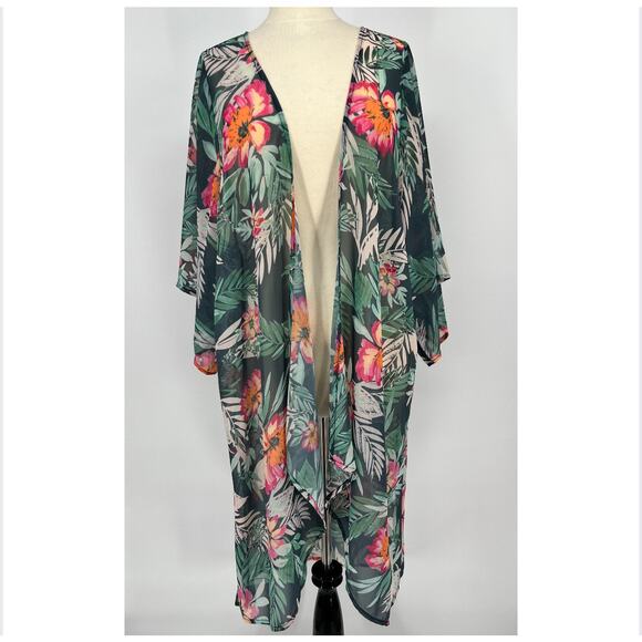 Mary & Mabel Tops - Mary and Mabel Kimono Top Cover Tropical Floral S/M Green Pink Open Sheer Long